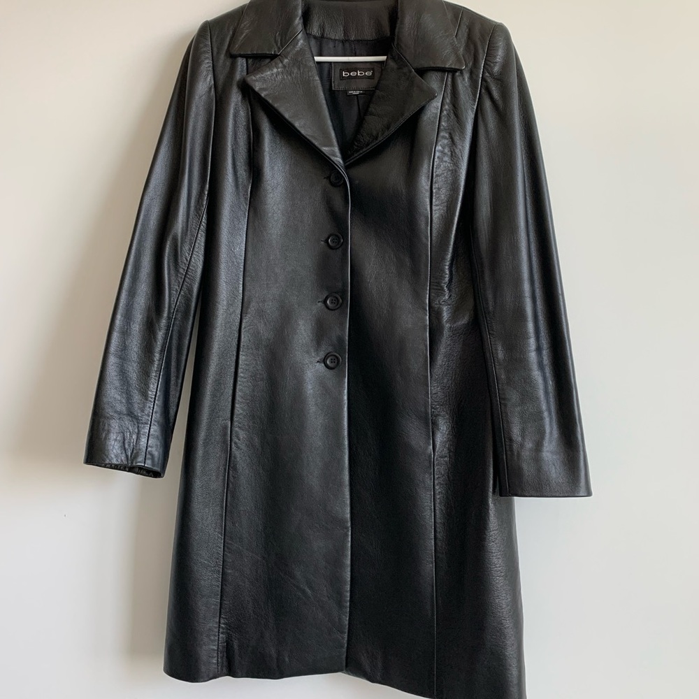 Bebe black leather dress coat, size Large